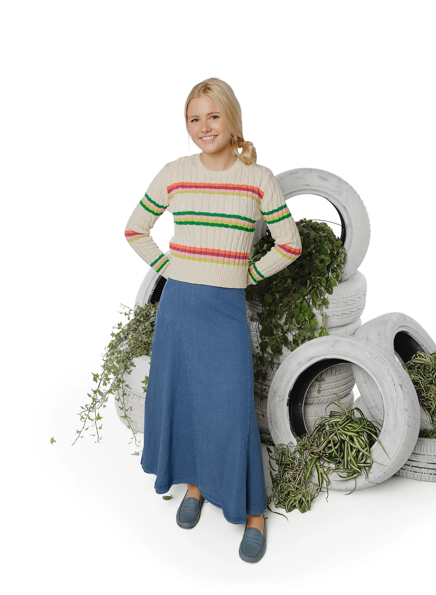 Teens Light Cream Multicolored Stripes Sweater