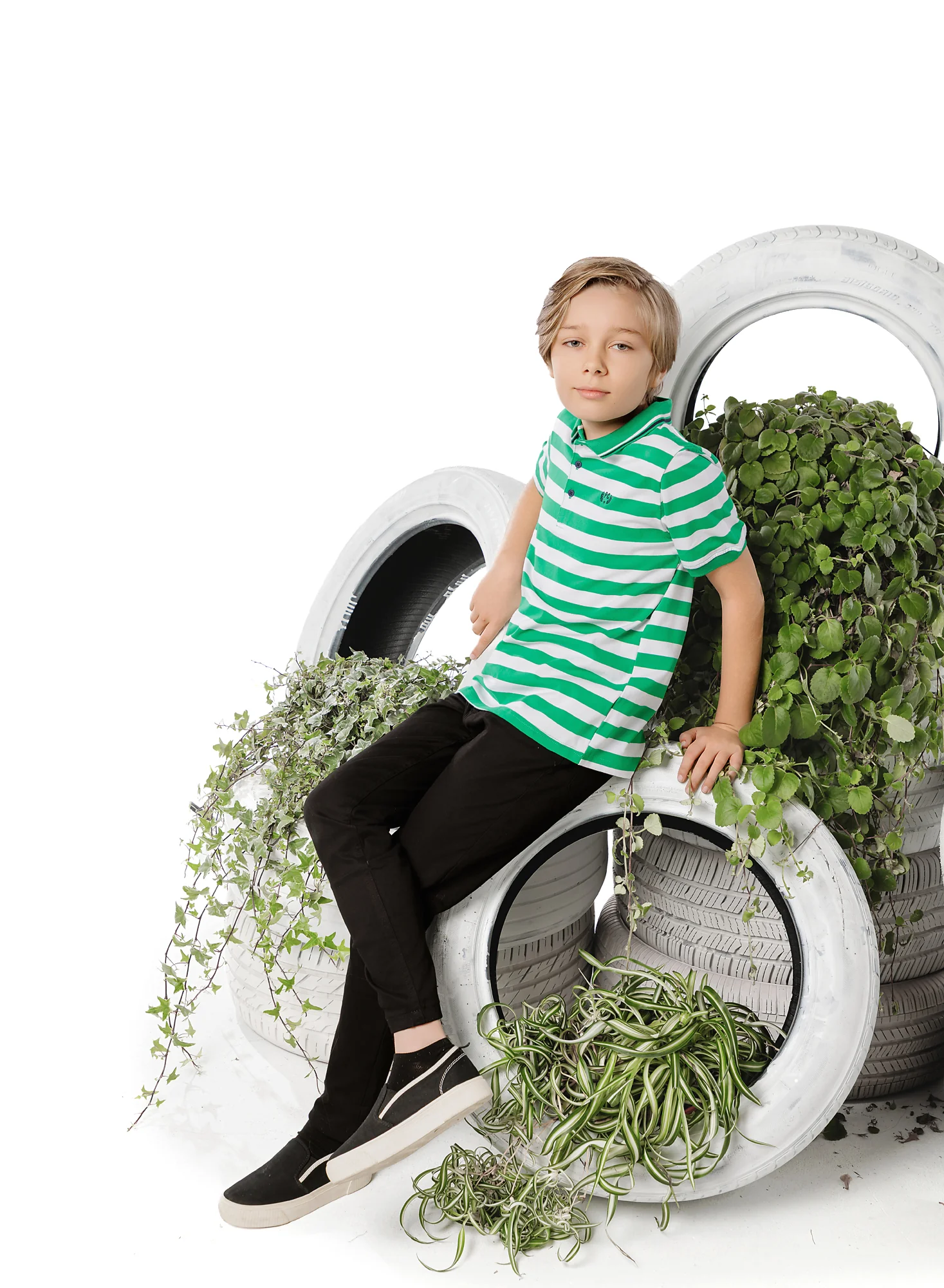 Boys Green & White Striped Polo - Image 2