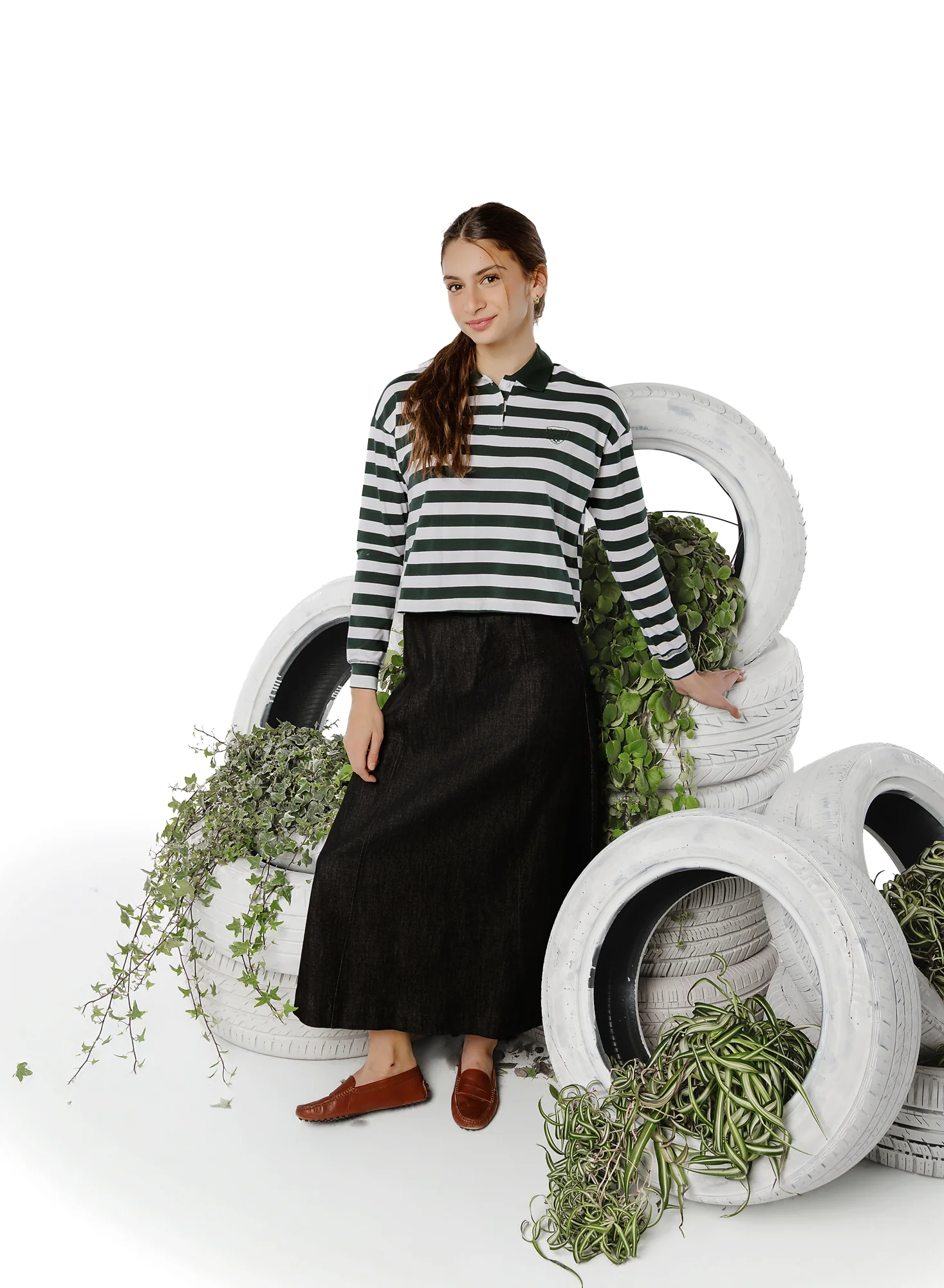 Teens Green Striped Cropped Polo - Image 2