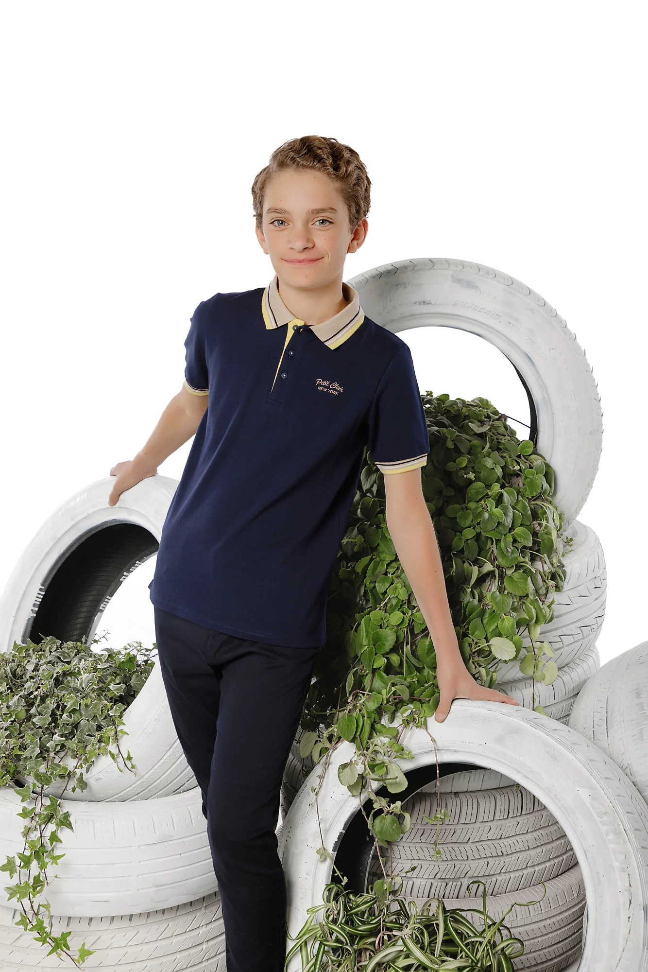 Boys Dark Navy Polo with Yellow Trim - Image 2