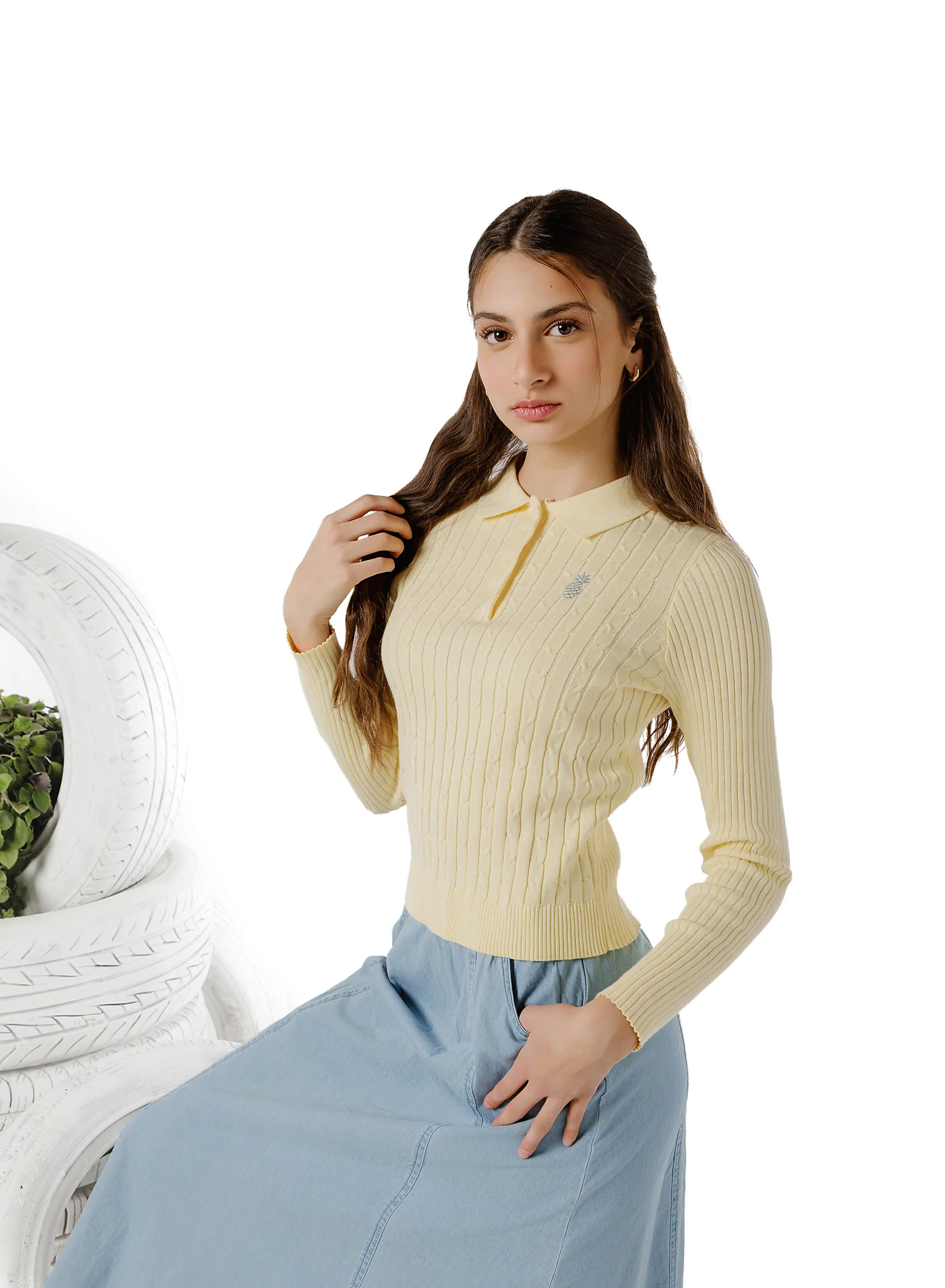 Teens Butter Yellow Cable Knit Collared Sweater - Image 2